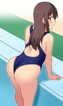  1girl ass bare_shoulders black_eyes blush brown_hair come_hither from_behind huge_ass long_hair looking_at_viewer looking_back naughty_face one-piece_swimsuit open_mouth original pool sakaura_(layer255) shadow smile solo 