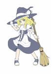  :3 blonde_hair blush braid broom curiosities_of_lotus_asia dress green_eyes hat highres kirisame_arashi kirisame_marisa shoes single_braid sneakers solo touhou v-shaped_eyebrows witch_hat wrist_cuffs 