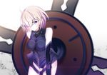  ahoge armor black_gloves blush bodysuit breasts closed_mouth cowboy_shot elbow_gloves fate/grand_order fate_(series) gloves hair_over_one_eye large_breasts looking_at_viewer machimura_komori mash_kyrielight pink_hair purple_eyes shield short_hair sleeveless smile solo thighs 
