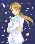  blonde_hair blue_eyes crossed_arms formal gundam gundam_wing highres kappa_(gaburie) long_hair looking_at_viewer pant_suit parted_lips petals ponytail relena_peacecraft solo suit upper_body white_suit 