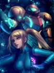  arm_cannon artist_name bellhenge blue_eyes bodysuit breasts closed_mouth commentary glowing hair_tie highres md5_mismatch medium_breasts metroid mole mole_under_mouth ponytail resized samus_aran short_hair sky solo star_(sky) starry_sky super_smash_bros. upper_body upscaled weapon zero_suit 