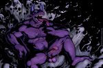  2015 abstract_background balls blue_eyes body_hair chest_hair cureboltium demon dripping empty_eyes erection glowing glowing_eyes hi_res horn humanoid licking_fingers long_tongue male muscular muscular_male open_mouth partially_retracted_foreskin penis pointy_ears precum precum_string pubes purple_skin sharp_teeth sitting skull solo spread_legs spreading sweat teeth tongue tongue_out uncut url 