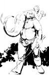  2016 anthro bear black_and_white body_hair boots carrying chest_hair clothed clothing cureboltium duo fish_tail fishing_line fishing_rod footwear knee_boots male mammal marine merfolk monochrome pants partially_clothed pointy_ears predator/prey salmon simple_background sketch slightly_chubby topless white_background 