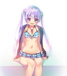  :d bangs bikini blurry breasts collarbone depth_of_field eyebrows eyebrows_visible_through_hair frilled_bikini frills groin hair_ornament jacket_on_shoulders long_hair looking_at_viewer miwabe_sakura navel neck_ribbon new_game! open_mouth plaid plaid_bikini purple_eyes purple_hair ribbon sitting small_breasts smile solo suzukaze_aoba swimsuit teeth twintails 