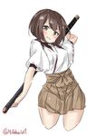  arm_behind_head arm_up bangs blush breasts brown_eyes brown_hair brown_skirt cowboy_shot cropped_legs ebifurya eyebrows eyebrows_visible_through_hair highres holding holding_sword holding_weapon hyuuga_(kantai_collection) kantai_collection katana long_hair medium_breasts open_mouth scabbard sheath sheathed short_sleeves simple_background skirt smile solo sword twitter_username two-handed undershirt weapon white_background wide_sleeves 