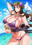  ;) ;3 arm_behind_head arm_up ball bare_shoulders beachball belly bikini blue_sky breasts brown_hair closed_mouth cloud crown_of_thorns day flower frilled_gloves frills gloves gran_(granblue_fantasy) granblue_fantasy hair_between_eyes hair_flower hair_ornament highres huge_breasts long_hair looking_at_viewer mumumu_(three_emu) navel objectification ocean one_eye_closed petals print_bikini purple_bikini purple_eyes purple_gloves rose rosetta_(granblue_fantasy) sky smile solo swimsuit thick_thighs thighs thorns wind 