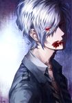  1boy albino blood dated diabolik_lovers ewmeto eyes_visible_through_hair fangs hair_over_one_eye looking_at_viewer male_focus necklace open_mouth red_eyes sakamaki_subaru solo unbuttoned upper_body vampire white_hair 