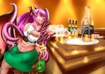  1girl absurdres alternate_costume bar bar_maid beer beer_mug belly breasts claws cleavage dark_skin dragon_girl dress drunk extra_mouth female gold_tooth green_dress heart highres holding_beer horns jabberwock_(monster_girl_encyclopedia) large_breasts monster_girl monster_girl_encyclopedia navel open_mouth plump purple_hair solo thighs tongue tongue_out torn_wings wings 