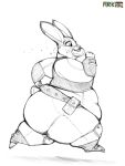  2016 anthro arkveveen_(artist) belly belly_overhang belt big_belly big_butt bottomwear butt clothed clothing disney doughnut eating female food huge_butt huge_thighs judy_hopps lagomorph leporid love_handles mammal obese obese_female overweight overweight_female rabbit running simple_background sketch solo thick_thighs topwear wide_hips zootopia 