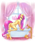  2018 anthro anthrofied bathroom bathtub bent_over blue_eyes breasts butt cutie_mark equine floating_wings fluttershy_(mlp) friendship_is_magic fur hair half-closed_eyes hi_res horse long_hair looking_back mammal my_little_pony nude pegasus pink_hair pink_wings pony side_boob signature solo tron-zix window wings yellow_fur 