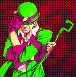  batman_(series) brown_hair cane dc_comics fingerless_gloves formal glasses gloves green_eyes hat male_focus necktie shirami solo staff suit the_riddler traditional_media 