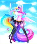  anthro anthrofied armpits blue_skin breasts clothed clothing cloud day duo equine eyes_closed feathered_wings feathers female female/female friendship_is_magic hair koveliana leggings legwear mammal midriff multicolored_hair my_little_pony navel outside pegasus purple_hair purple_skin rainbow_dash_(mlp) rainbow_hair skirt sky standing topless twilight_sparkle_(mlp) wide_hips wings 