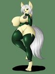  2016 anthro areola big_breasts breasts canine clothed clothing female green_eyes grey_hair hair hair_over_eye hand_on_breast huge_breasts legwear long_hair looking_at_viewer mammal nipples pussy simple_background solo suirano wolf 