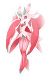  blur full_body gen_7_pokemon insect_girl looking_at_viewer lurantis orchid_mantis pink_eyes pokemon pokemon_(creature) praying_mantis red_eyes simple_background solo white_background 