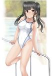  black_hair brown_eyes competition_swimsuit highres long_hair mashinatsu one-piece_swimsuit original railing solo standing swimsuit twintails white_swimsuit 