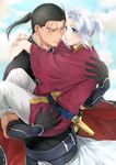  arslan arslan_senki black_gloves black_hair blue_eyes blush brown_eyes carrying cloud daryoon day gloves kyusui_polymer looking_at_another male_focus multiple_boys ponytail princess_carry sky smile tan white_hair yaoi 