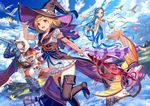  2girls :d animal_hood armor bad_id bad_pixiv_id barefoot berserker_(granblue_fantasy) bird blonde_hair blue_eyes blue_hair blue_sky blush boots bracelet brown_hair choker cloud cloudy_sky commentary_request day djeeta_(granblue_fantasy) dove dragon dress dutch_angle fantasy floating_island flower gloves gran_(granblue_fantasy) granblue_fantasy grin hat hood jewelry long_hair looking_at_viewer lyria_(granblue_fantasy) multiple_girls open_mouth petals puffy_short_sleeves puffy_sleeves short_sleeves siro sky smile staff thigh_boots thighhighs vee_(granblue_fantasy) wand warlock_(granblue_fantasy) white_gloves witch_hat wizard_hat 