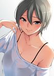 anza_tomo blush breasts cleavage collarbone grey_eyes grey_hair idolmaster idolmaster_cinderella_girls large_breasts looking_at_viewer off_shoulder shiomi_shuuko short_hair smile solo sweat upper_body wet wet_clothes 