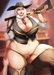  1girl ashe_(overwatch) between_breasts breasts cameltoe cleavage cowboy_hat curvy donaught gun hat huge_breasts looking_at_viewer mole overwatch parted_lips plump red_eyes short_hair thick_thighs thighhighs thighs weapon white_hair wide_hips 