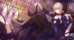  artoria_pendragon_(all) birdcage black_legwear blonde_hair braid breasts cage crossed_legs dark_excalibur dark_persona fate/grand_order fate/stay_night fate_(series) french_braid gothic_lolita jh lolita_fashion medium_breasts pantyhose saber_alter short_hair solo sword weapon yellow_eyes 