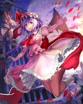  aa44 architecture ascot bat_wings building cityscape dress floating full_body gothic_architecture hair_between_eyes hair_ribbon hat lavender_hair looking_at_viewer mob_cap pink_dress pointy_ears red_eyes remilia_scarlet ribbon short_hair smile solo touhou vampire wings 