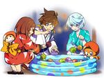  2boys blue_hair brown_hair fan japanese_clothes kimono mikleo_(tales) multicolored multicolored_polka_dots multiple_boys normin_(tales) paper_fan polka_dot purple_eyes red_hair rose_(tales) short_hair sorey_(tales) summer_festival tales_of_(series) tales_of_zestiria uchiwa wading_pool water_balloon water_yoyo yanzhan yo-yo_fishing yukata 