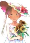  alternate_costume ayanami_(kantai_collection) brown_eyes brown_hair check_commentary commentary_request flower hat hat_flower holding holding_flower kantai_collection looking_at_viewer matsutani open_mouth side_ponytail sleeveless smile solo sunflower white_background 