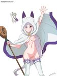  1girl animal_hood arm_up bag blush breasts cat cloak dated emilia_(re:zero) female ginko_(silver_fox) gradient_background holding_staff hood hooded_cloak jumping looking_at_viewer low-tied_long_hair naked_cape navel nipples nude open_hand pack_(re:zero) purple_eyes pussy re:zero_kara_hajimeru_isekai_seikatsu silver_hair smile staff thighhighs uncensored watermark web_address white_background white_legwear 