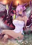  ;) absurdres alcohol bare_shoulders beer beer_can blush breasts butter-t can claws crossed_legs dark_skin dragon_girl dragon_wings drinking extra_mouth highres horns jabberwock_(monster_girl_encyclopedia) large_breasts long_hair monster_girl monster_girl_encyclopedia naked_towel one_eye_closed onsen paws purple_hair red_eyes sitting smile solo steam sweat towel water wings 