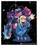  arm_cannon blonde_hair blue_eyes gun handgun kneeling looking_at_viewer metroid metroid_(creature) power_armor rariatto_(ganguri) samus_aran smile varia_suit weapon zero_suit 