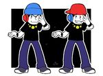  backwards_hat baseball_cap beanie brothers chain gold_chain hat headphones male_focus matching_outfit matsuno_karamatsu matsuno_osomatsu medama-clip minna_no_rhythm_tengoku multiple_boys osomatsu-kun osomatsu-san outside_border parody rhythm_tengoku shoes siblings smile sneakers wristband 