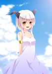  armlet arms_behind_back bare_shoulders blue_sky chitose_(usacan) cloud day dress highres horns lens_flare looking_at_viewer open_mouth original short_hair_with_long_locks sky solo sundress white_dress white_hair yellow_eyes 
