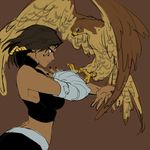  animal bangs bare_shoulders bird black_nails black_shorts braid breasts brown_background brown_eyes brown_hair crop_top dark_skin eagle eye_of_horus facial_mark facial_tattoo falconry from_side hair_tubes large_breasts nail_polish overwatch pharah_(overwatch) short_hair shorts side_braids simple_background solo tattoo turtleneck 