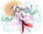  double_bun green_eyes green_hair hatsune_miku highres hood japanese_clothes kimono long_hair looking_at_viewer million_arthur_(series) open_mouth rozer smile snow_bunny snowflakes solo twintails uchikake umbrella very_long_hair vocaloid yuki_miku 