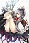  arm_up asymmetrical_wings bangs barefoot black_shorts black_wings bow breasts brooch dated expressionless falling feathered_wings feathers feet flower full_body grey_jacket grey_wings hand_on_own_thigh hand_up highres houdukixx jacket jewelry kishin_sagume legs legs_up looking_at_viewer panties parted_lips petals purple_shirt red_eyes shiny shiny_hair shirt short_hair shorts silver_hair small_breasts solo thigh_grab thighs toes touhou twitter_username underwear upshorts wings 