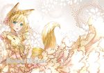  animal animal_ears animal_hug aqua_eyes blonde_hair braid cover cover_page crown_braid doujin_cover dress elbow_gloves english fingerless_gloves floral_background flower flower_necklace fox fox_ears frilled_dress frills gloves hair_flower hair_ornament jewelry looking_at_viewer necklace open_mouth original ribbon riolabo rose smile solo too_many too_many_frills 
