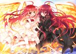  bare_shoulders bodysuit coat dress dual_persona fiery_wings gloves long_hair multiple_girls red_eyes red_hair shakugan_no_shana shana tachitsu_teto thighhighs trench_coat wings 