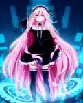  black_dress black_legwear blue_eyes collar collarbone conone dress gothic_lolita heterochromia highres ia_(vocaloid) lolita_fashion long_hair looking_at_viewer maid_headdress pink_hair solo thighhighs vocaloid yellow_eyes 