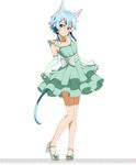  animal_ears blue_eyes blue_hair breasts cat_ears cat_tail cleavage dress elbow_gloves frilled_dress frills full_body gloves green_dress green_gloves hair_ornament jewelry necklace official_art short_hair sinon sinon_(sao-alo) small_breasts smile solo sword_art_online sword_art_online:_code_register tail watermark white_background 