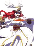  arin66 blazblue blue_eyes brown_gloves cape coat cowboy_shot gloves hat long_hair looking_at_viewer open_mouth pants red_hair serious solo sword tsubaki_yayoi weapon white_background white_pants 
