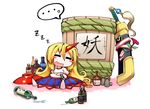  1girl =_= alcohol barrel blonde_hair blush_stickers chibi closed_eyes cuffs cup drooling horn hoshiguma_yuugi huge_weapon kashuu_(b-q) long_hair open_mouth sakazuki shackles skirt sleeping solo spoken_ellipsis sword touhou weapon zzz 