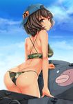  :o akiyama_yukari anglerfish ass baseball_cap bikini blue_sky breasts brown_eyes brown_hair butt_crack camouflage camouflage_bikini cloud day girls_und_panzer ground_vehicle harino646 hat looking_at_viewer medium_breasts military military_vehicle motor_vehicle panzerkampfwagen_iv short_hair sky solo standing swimsuit tank trefoil 