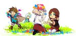  2girls ;p alisha_diphda blue_eyes brown_hair child gradient_hair grass green_eyes hair_tubes head_wreath mikleo_(tales) multicolored_hair multiple_boys multiple_girls one_eye_closed outdoors purple_eyes rose_(tales) seiza sitting smile sorey_(tales) tales_of_(series) tales_of_zestiria tongue tongue_out yanzhan younger 