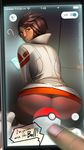  ass badcompzero brown_eyes brown_hair candela_(pokemon) cellphone censored convenient_censoring dark_skin lips looking_at_viewer looking_back novelty_censor phone poke_ball pokemon pokemon_go pov short_hair smartphone solo_focus 
