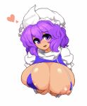  1girl blush breasts hat heart huge_breasts letty_whiterock micro_bikini_top nipple_slip nipples open_clothes open_shirt pixel_art purple_eyes purple_hair spoken_heart takorin touhou white_background 