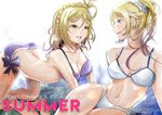  2girls absurdres all_fours arm_support ass ayase_eli blonde_hair blue_eyes blush breasts character_name cleavage dated groin highres keitel_von_birsk large_breasts long_hair love_live! love_live!_school_idol_project love_live!_sunshine!! multiple_girls navel ohara_mari parted_lips ponytail summer teeth thigh_gap thighs yellow_eyes 