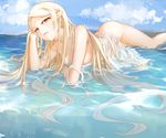  ass blonde_hair breasts elbow_rest fang kiss-shot_acerola-orion_heart-under-blade long_hair looking_at_viewer lying lying_on_water medium_breasts monogatari_(series) no_bra no_panties ocean on_stomach pointy_ears see-through shionji_ax solo strap_slip very_long_hair water wet wet_clothes yellow_eyes 