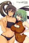  2girls bikini breasts curvy dated female green_hair high_ponytail homura_(senran_kagura) large_breasts long_hair looking_at_viewer multiple_girls one-piece_swimsuit ponytail senran_kagura senran_kagura_(series) swimsuit 