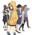  4girls absurdres black_hair black_legwear black_shorts bow brown_eyes brown_hair collarbone crossed_arms dress facial_hair hair_bow hands_in_pockets hayato_(mayoiga) highres hood hooded_jacket jacket lion_(mayoiga) long_hair maimai_(mayoiga) masaki_(mayoiga) mayoiga mitsumune_(mayoiga) multiple_boys multiple_girls mustache nanko_(mayoiga) pantyhose purple_eyes short_hair short_shorts shorts simple_background striped striped_legwear sunglasses thighhighs valkana_(mayoiga) white_background yellow_jacket yottsun_(mayoiga) 