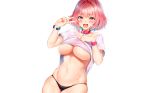  blush breasts collar fang idolmaster idolmaster_cinderella_girls navel nipples panties photoshop pink_eyes pink_hair shirt_lift short_hair underboob underwear usa_b white wristwear yumemi_riamu 